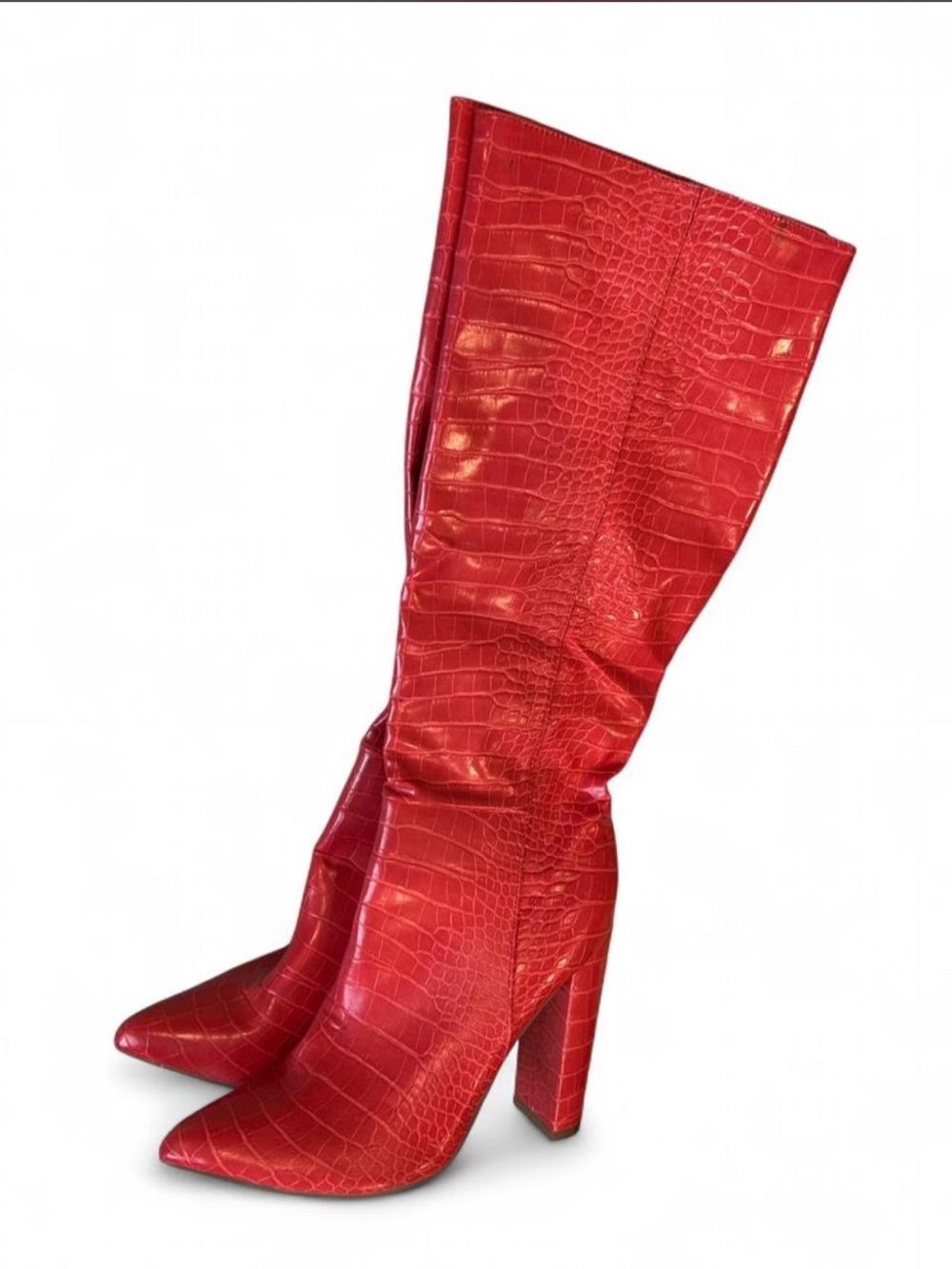 Red Croc-Embossed Pointed Toe Knee Boots - Women